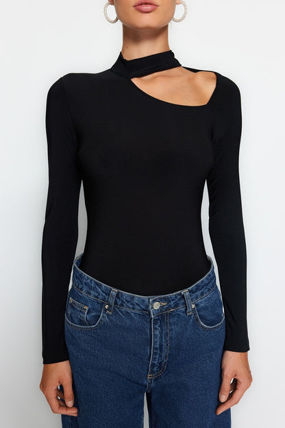 Black Cut Out Detailed Choker Collar Fitted/Fits the Body Flexible Snap Knitted Bodysuit