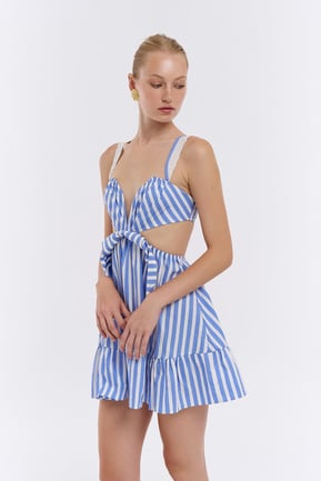 Embroidered Stripes Detailed Dress Blue