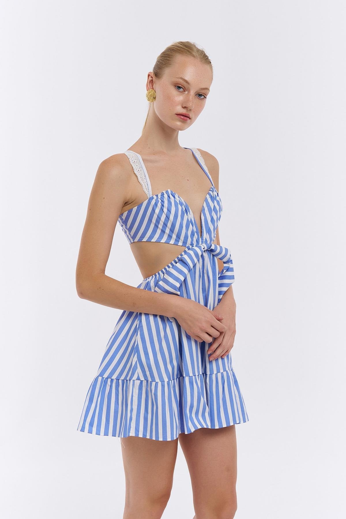 Embroidered Stripes Detailed Dress Blue