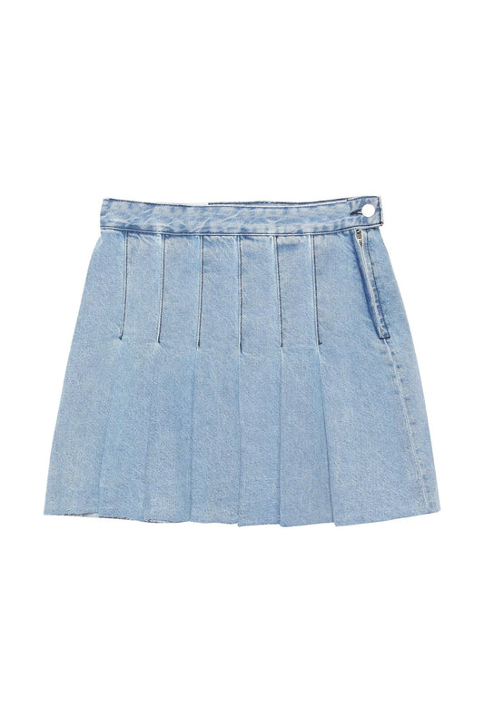 Pleated Detail Denim Skirt Blue