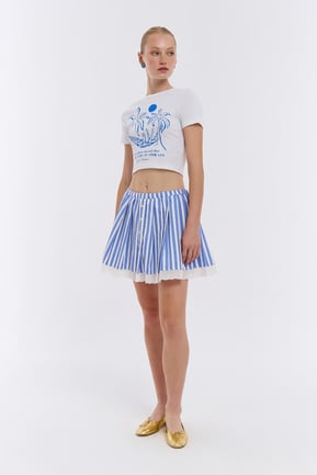 Embroidered Detail Pleated Skirt Blue