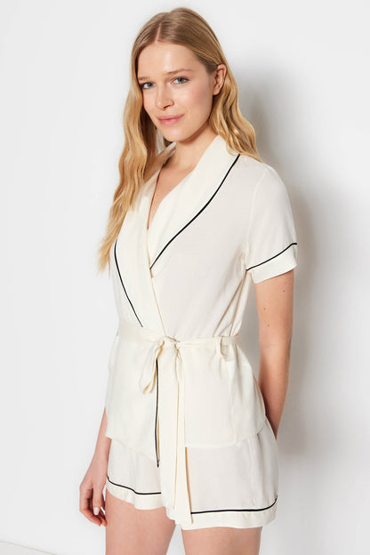 Beige Belted Piping Detailed Viscose Woven Pajama Set