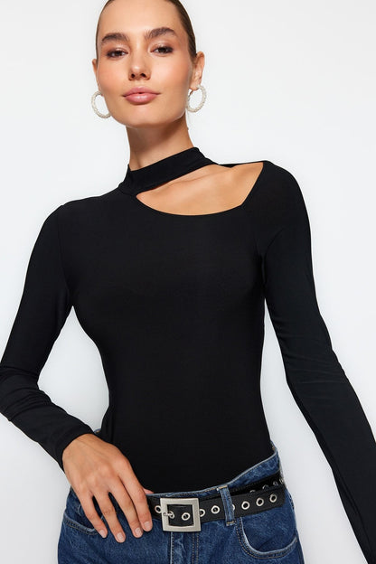 Black Cut Out Detailed Choker Collar Fitted/Fits the Body Flexible Snap Knitted Bodysuit