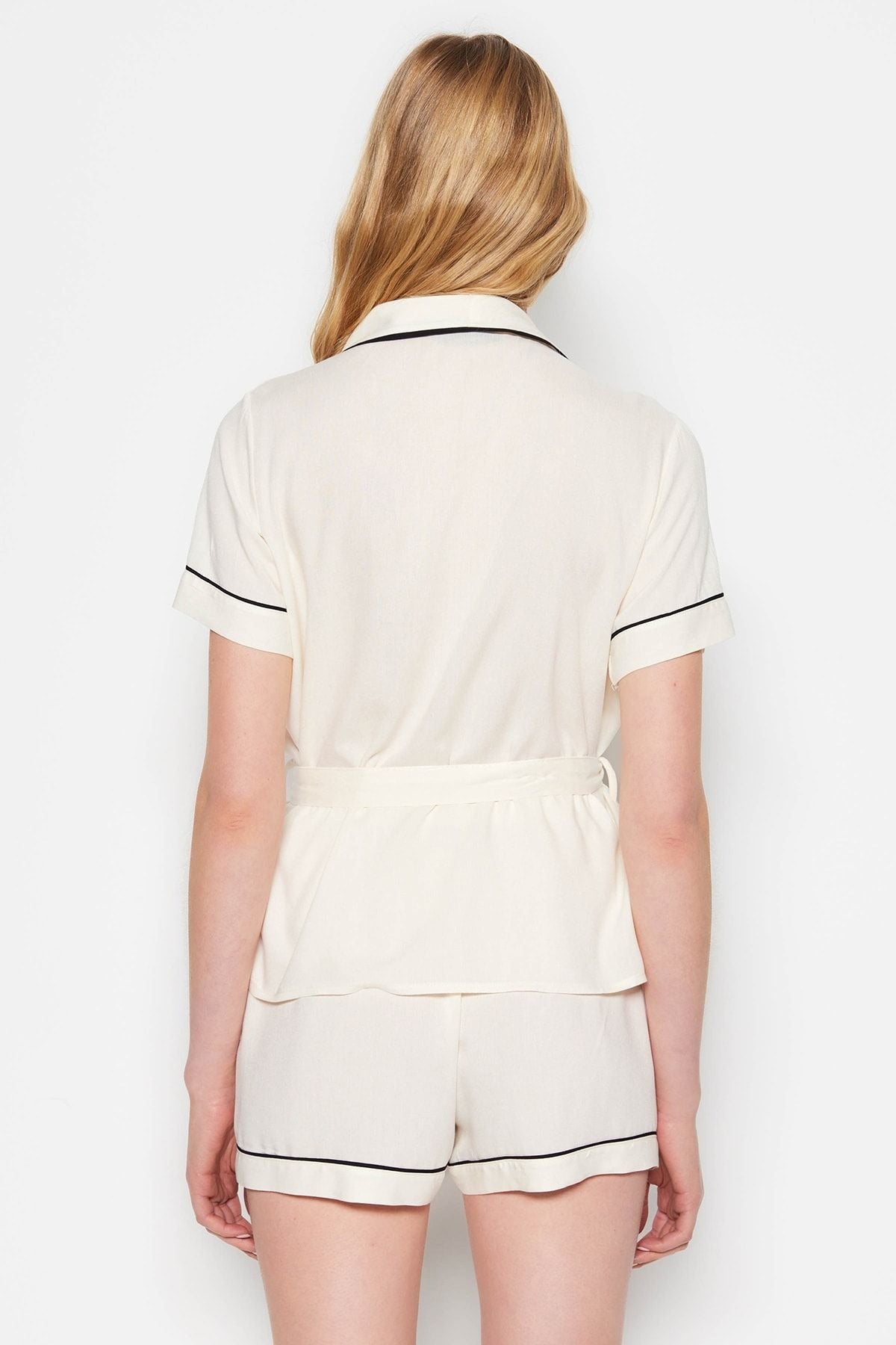 Beige Belted Piping Detailed Viscose Woven Pajama Set