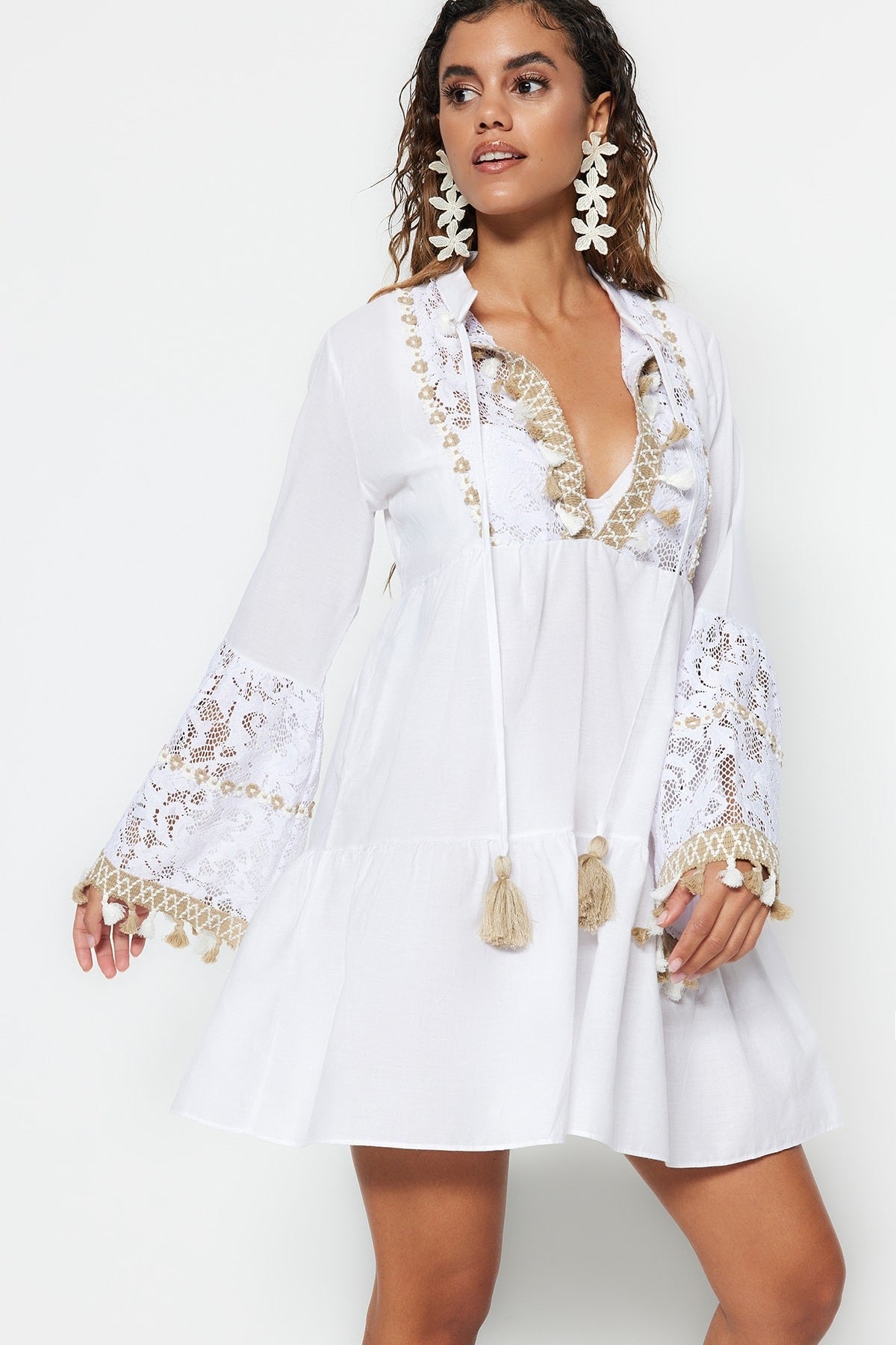 White Mini Woven Embroidered 100% Cotton Beach Dress