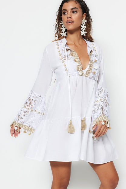 White Mini Woven Embroidered 100% Cotton Beach Dress