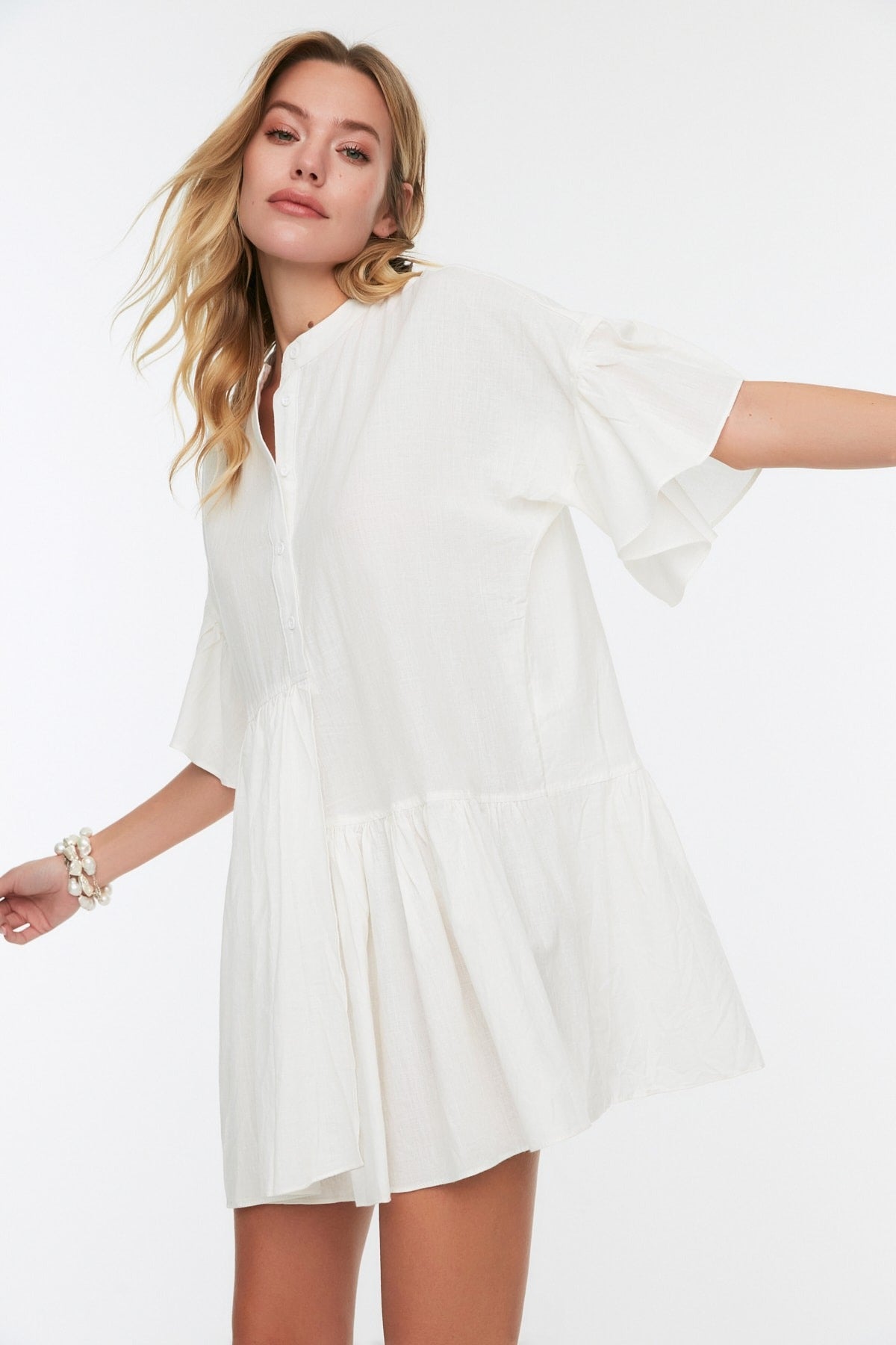 Ecru Asymmetrical Frilly Beach Dress