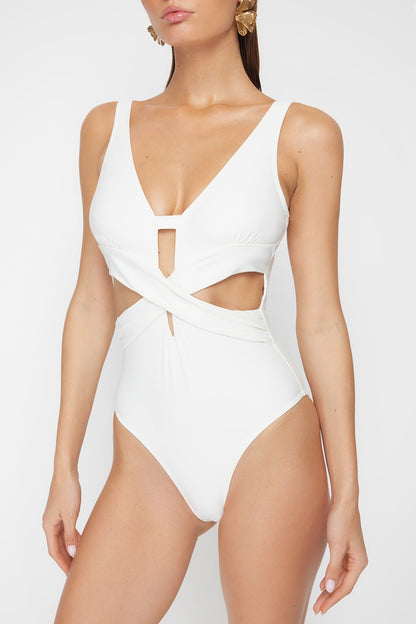 Ecru Deep Low Cut Cut Out/Window Regular Swimsuit