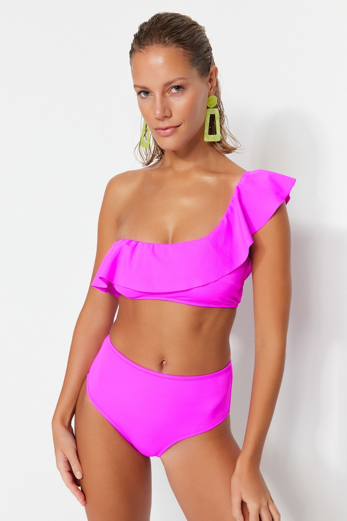 Pink One-Shoulder Ruffle Bikini Top