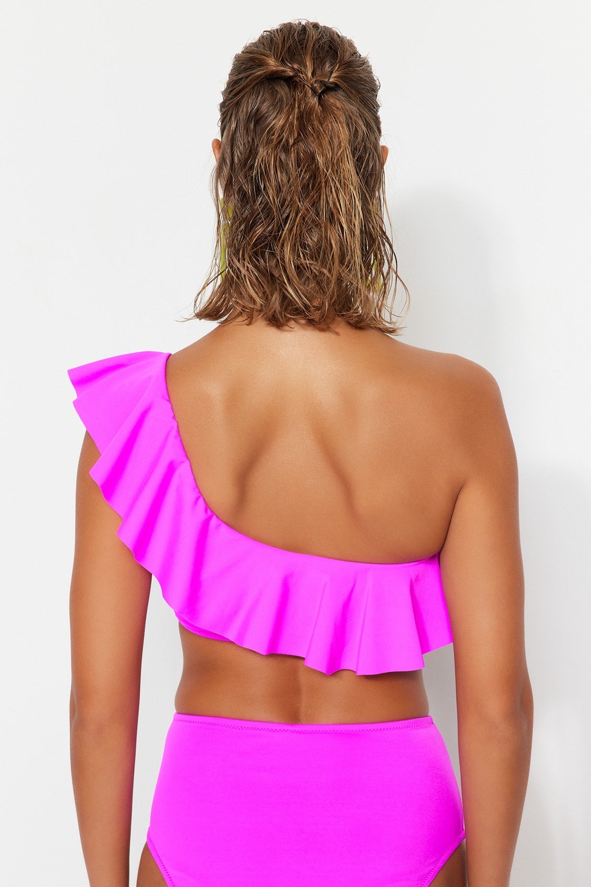 Pink One-Shoulder Ruffle Bikini Top