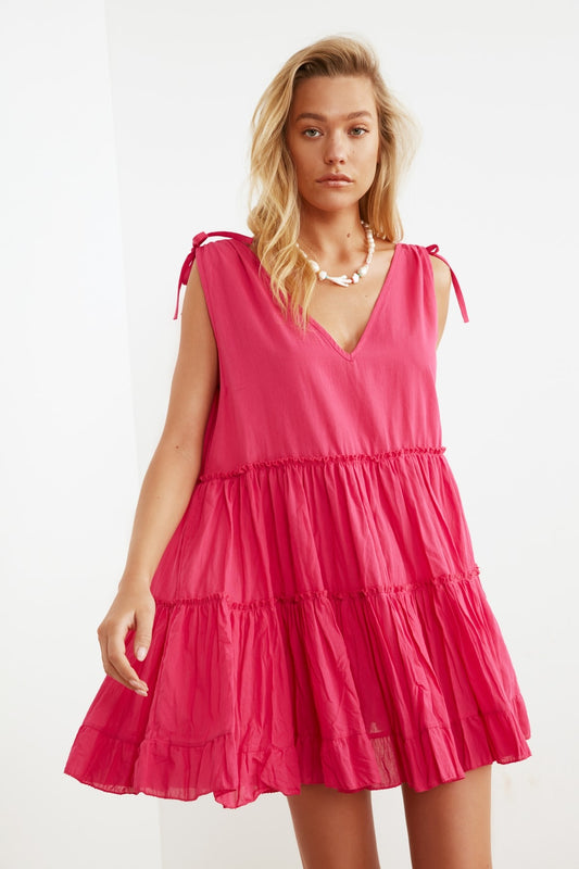 Fuchsia Wide Fit Mini Woven Ruffled 100% Cotton Beach Dress