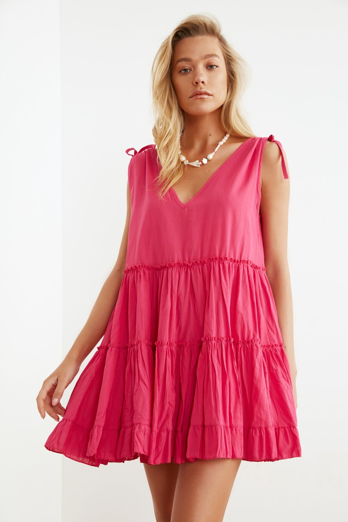 Fuchsia Wide Fit Mini Woven Ruffled 100% Cotton Beach Dress