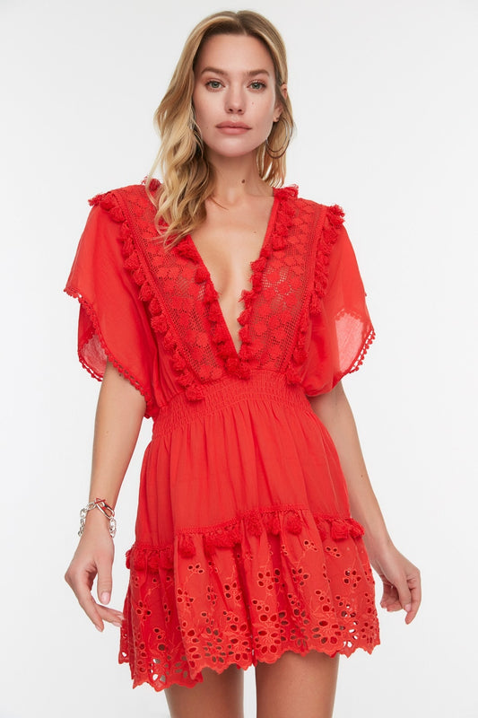 Red Mini Woven Embroidered 100% Cotton Beach Dress