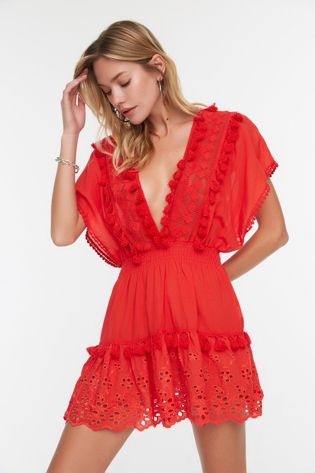 Red Mini Woven Embroidered 100% Cotton Beach Dress