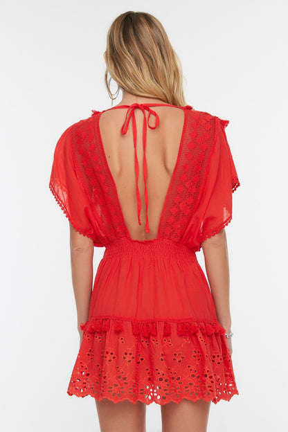 Red Mini Woven Embroidered 100% Cotton Beach Dress