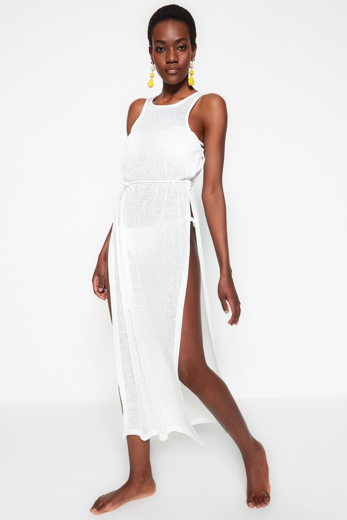 Ecru Belted Maxi Knitted Slit Beach Dress