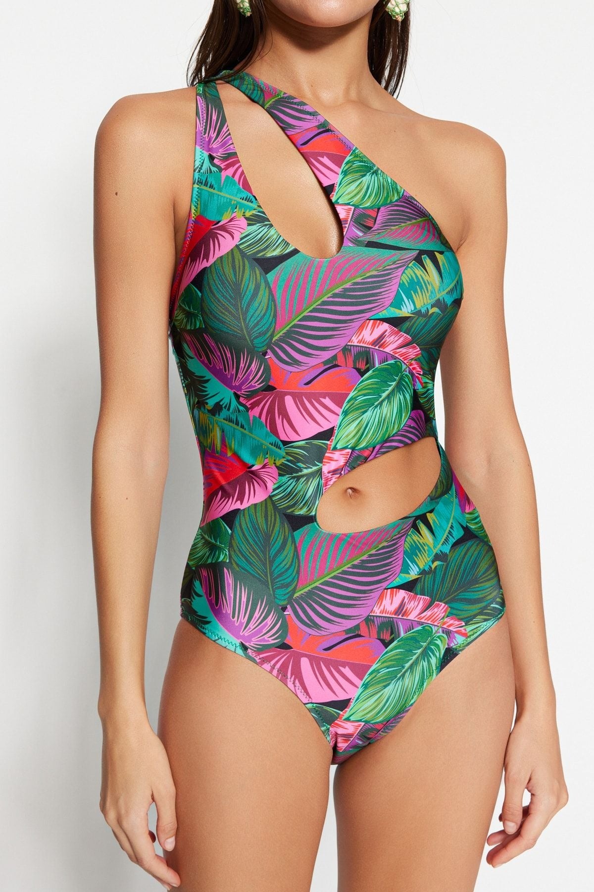 Tropical Print One-Shoulder Cut Out/Windowed Swimsuit