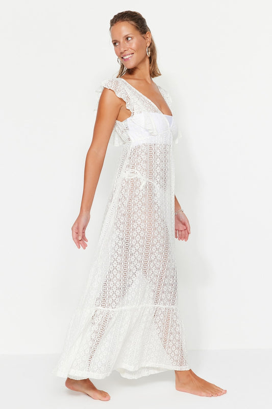 White Maxi Woven Ruffle Beach Dress