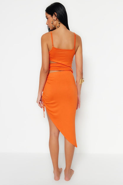 Orange Fitted Mini Knitted Cut Out/Windowed Beach Dress