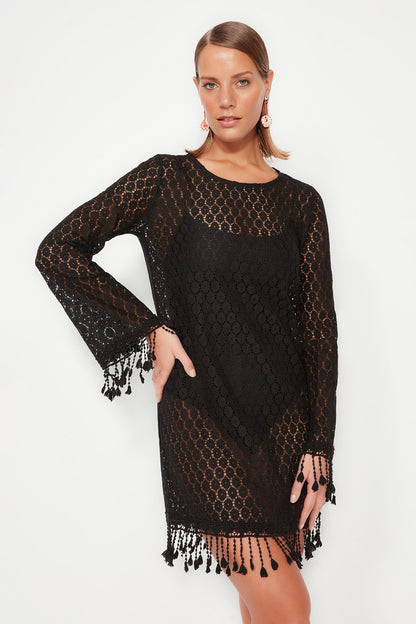 Black Mini Knitted Tassel Beach Dress