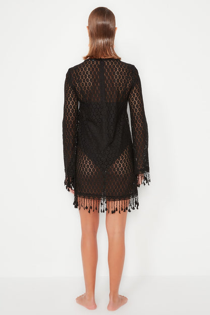 Black Mini Knitted Tassel Beach Dress