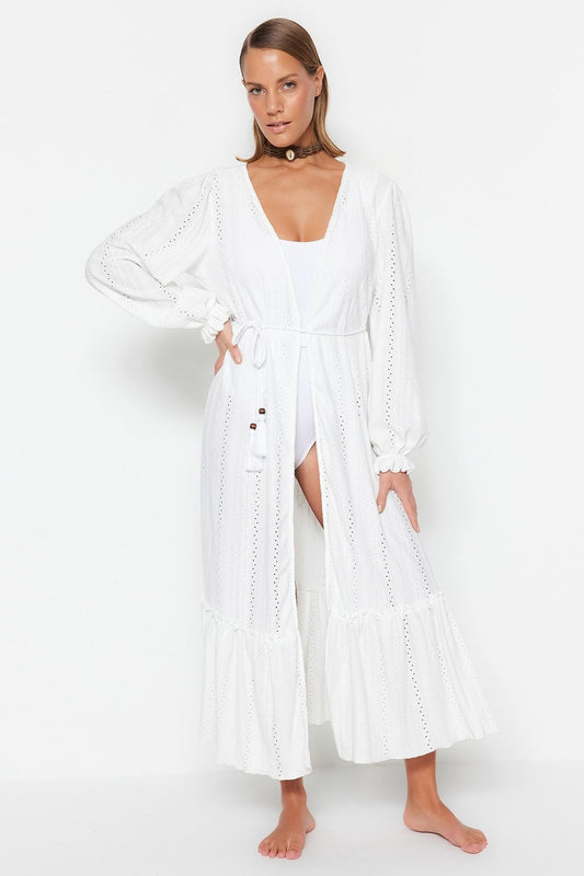 White Belted Maxi Knitted Balloon Sleeve Kimono & Kaftan