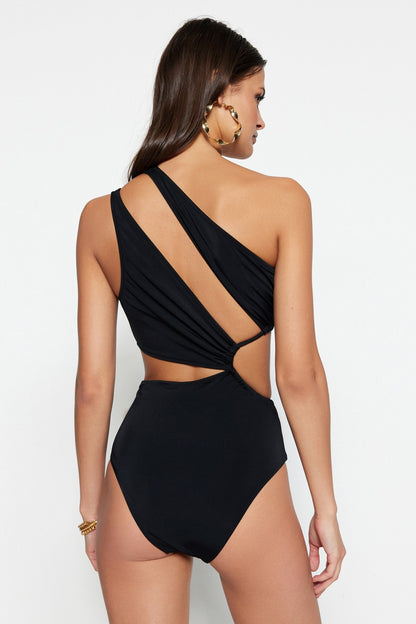 Black One Shoulder Cut Out/Windowed Swimsuit