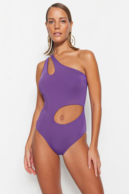 Purple One-Shoulder Cut Out/Windowed Swimsuit