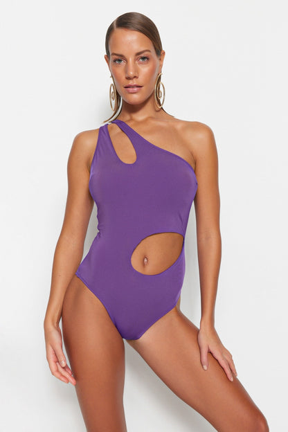 Purple One-Shoulder Cut Out/Windowed Swimsuit