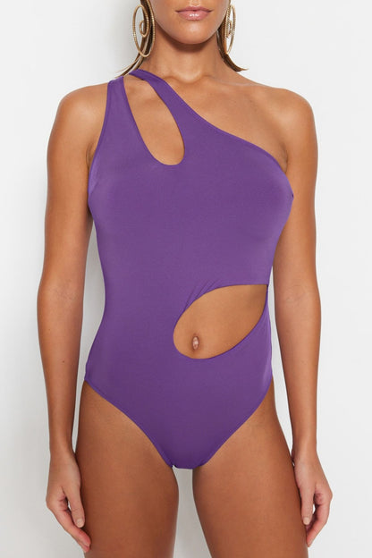 Purple One-Shoulder Cut Out/Windowed Swimsuit