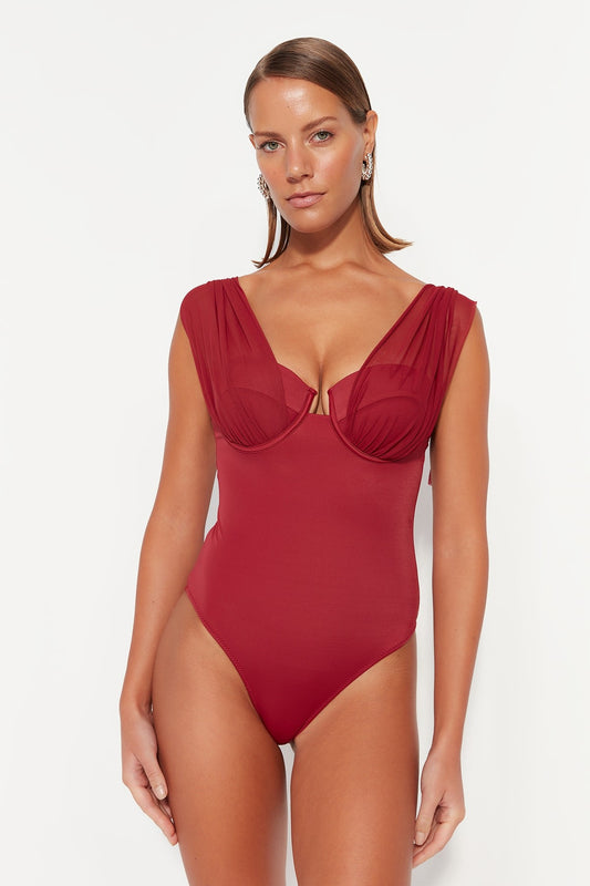 Claret Red Underwire Mesh Detailed Swimsuit