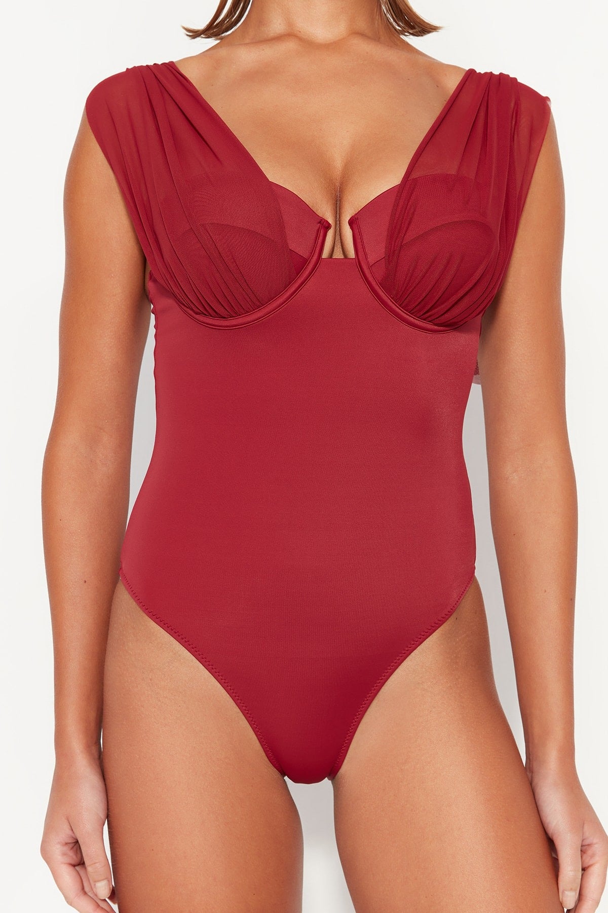 Claret Red Underwire Mesh Detailed Swimsuit