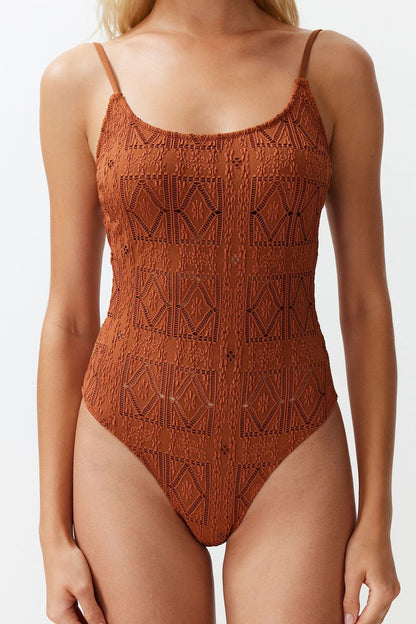 Brown Premium Fabric Regular Swimsuit