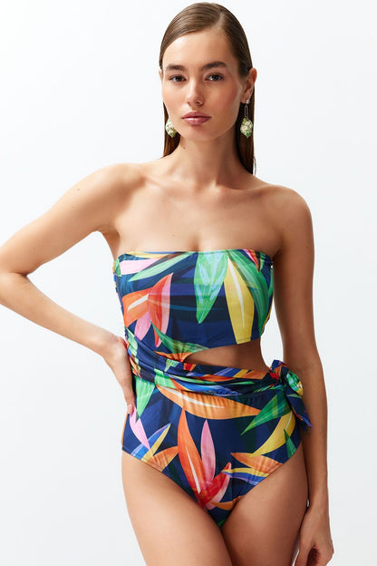 Floral Patterned Strapless Cut Out/Windowed Regular Swimsuit