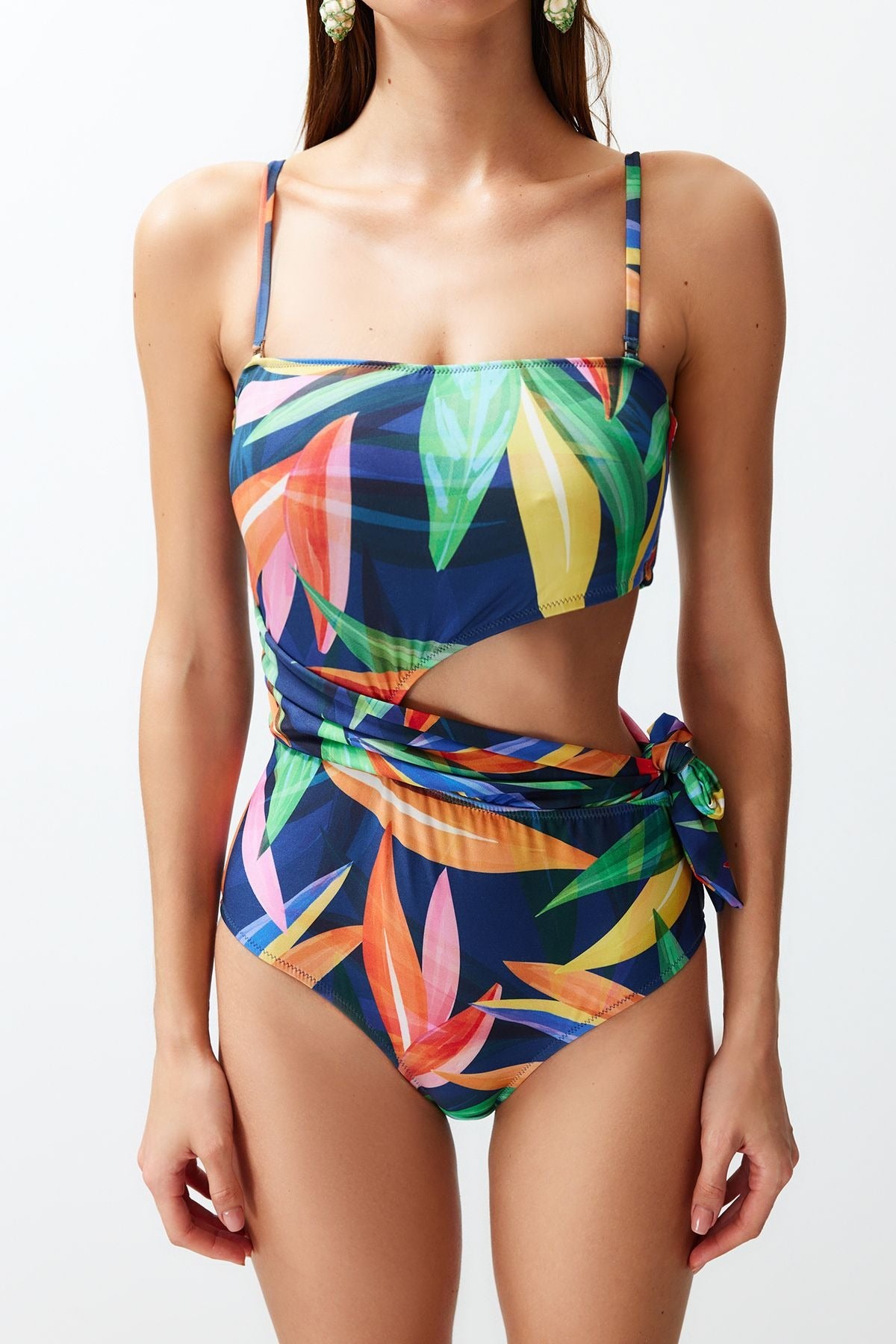 Floral Patterned Strapless Cut Out/Windowed Regular Swimsuit