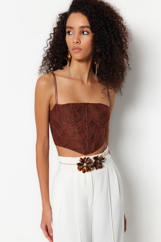 Brown Crop Lined Corset Detailed Lace Bustier