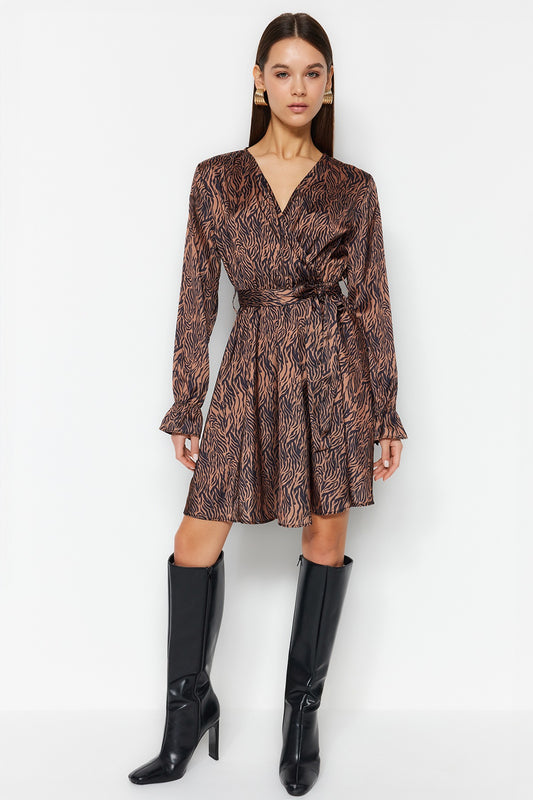 Brown Belted Animal Patterned Double Breasted Collar Woven Dress