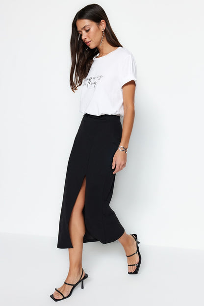 Black Smart Crepe Slit Detailed Maxi High Waist Flexible Knitted Skirt