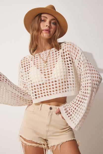 Cream Openwork Crop Knitwear Blouse