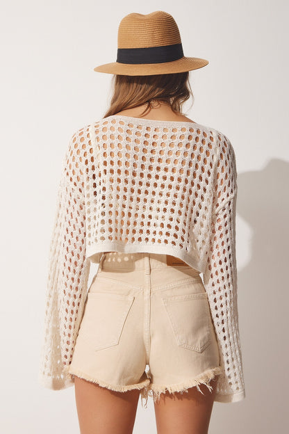 Cream Openwork Crop Knitwear Blouse