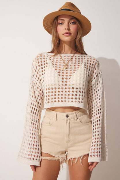 Cream Openwork Crop Knitwear Blouse